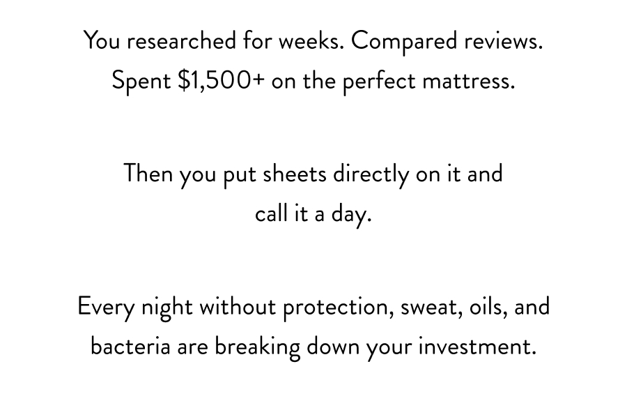 You researched for weeks. Compared reviews. Spent $1,500+ on the perfect mattress.  Then you put sheets directly on it and call it a day.  Every night without protection, sweat, oils, and bacteria are breaking down your investment.
