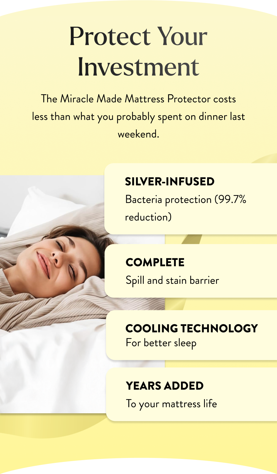 Protect Your Investment The Miracle Made Mattress Protector costs less than what you probably spent on dinner last weekend.