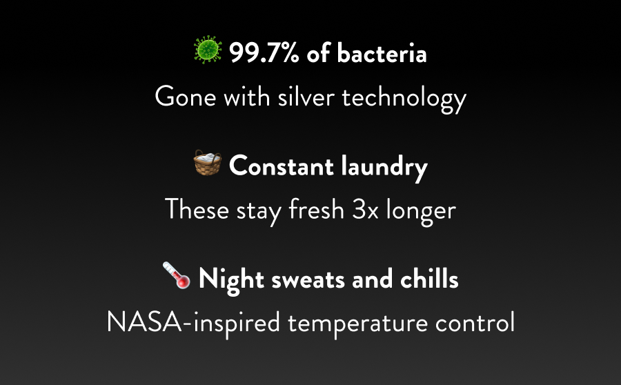 🦠 99.7% of bacteria - gone with silver technology  🧺 Constant laundry - these stay fresh 3x longer  🌡️Night sweats and chills - NASA-inspired temperature control