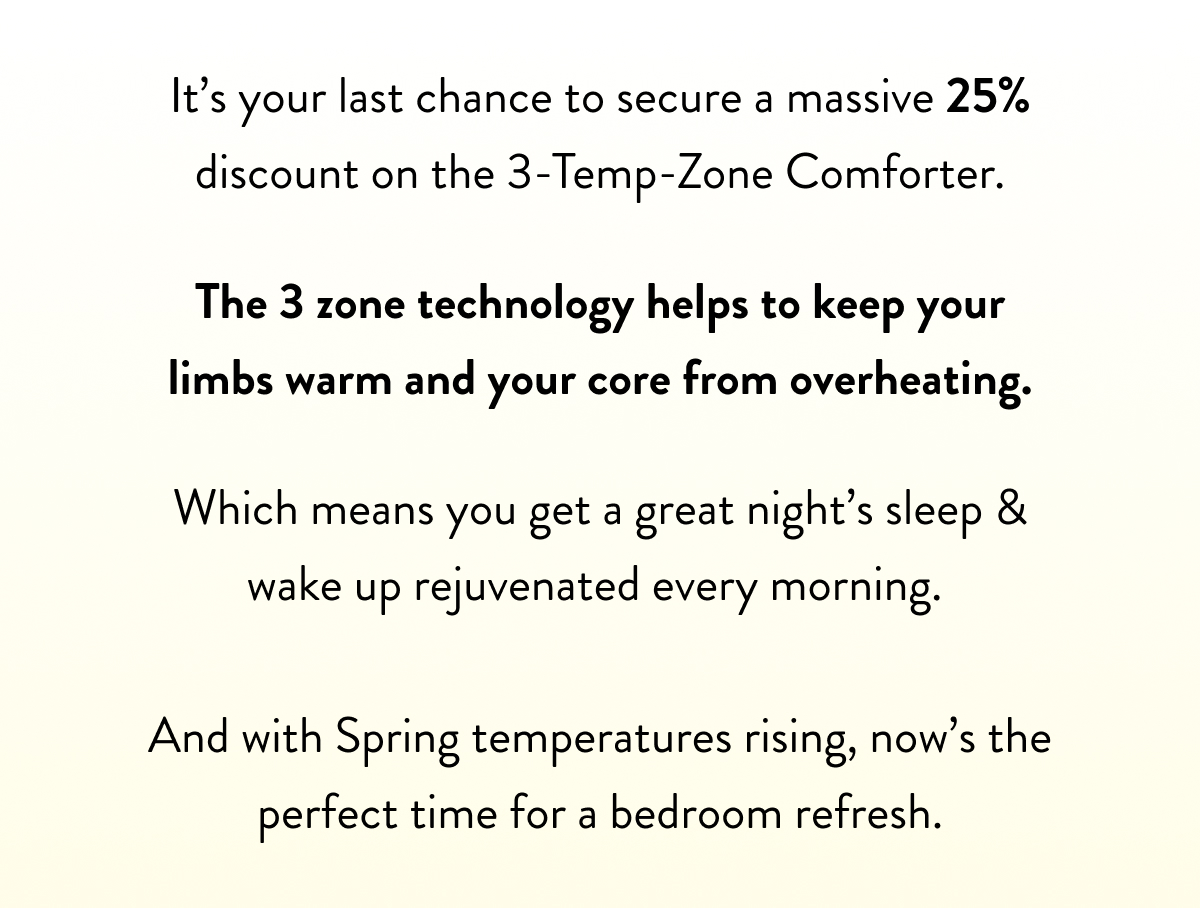It’s your last chance to secure a massive 25% discount on the 3-Temp-Zone Comforter. 