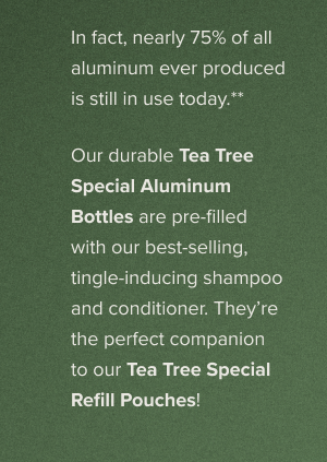 Our durable Tea Tree Special Aluminum Bottles are pre-filled with our best-selling, tingle-inducing shampoo and conditioner. They’re the perfect companion to our Tea Tree Special Refill Pouches!