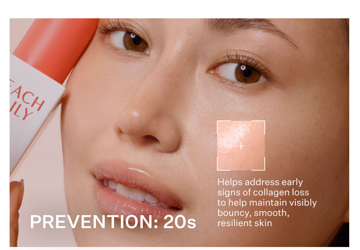 20s: Helps address early signs of collagen loss to help maintain visibly bouncy, smooth, resilient skin