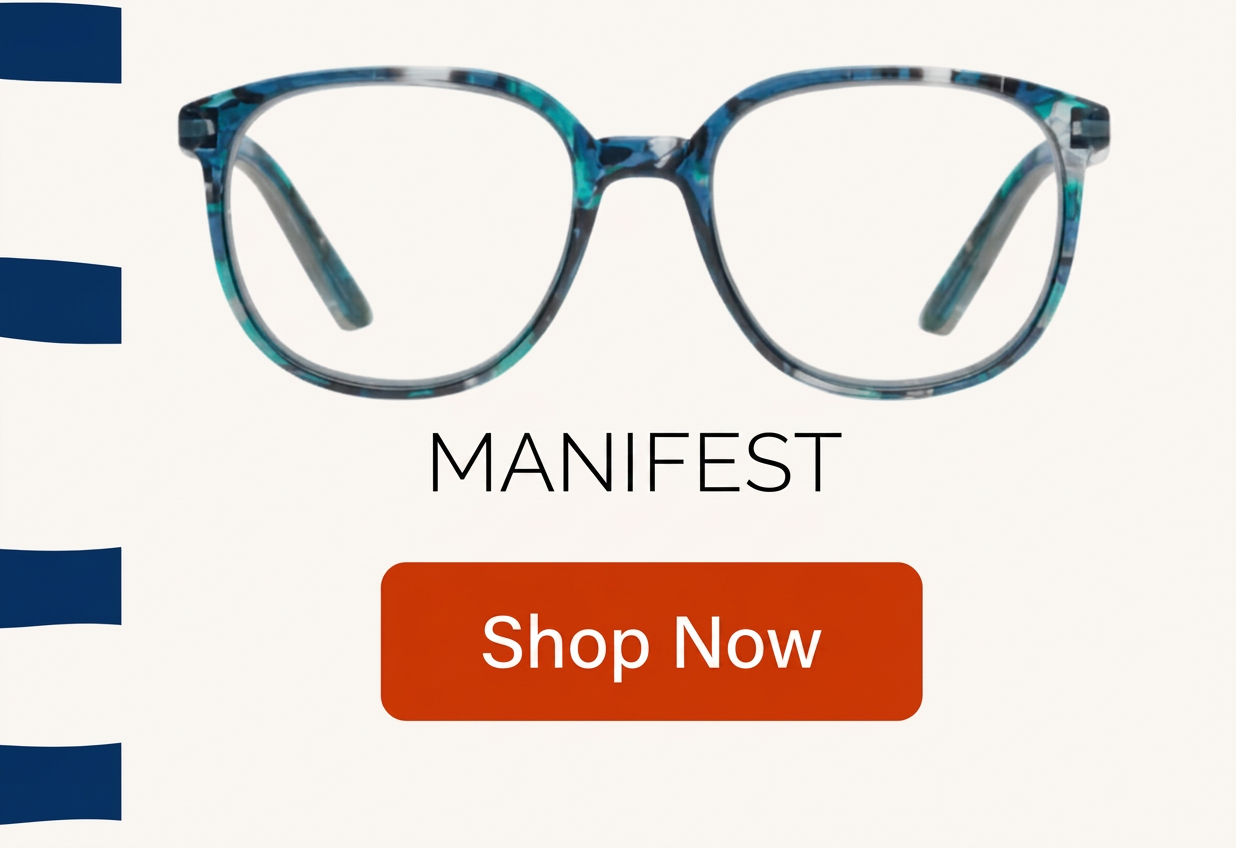Eyeglasses with a blue and green marbled pattern, labeled "MANIFEST" with a "Shop Now" button.fest
