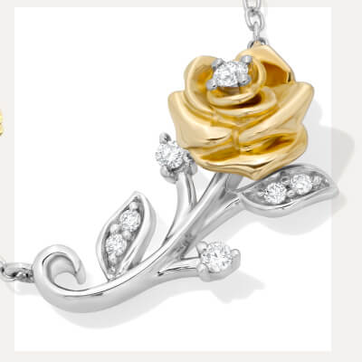 Enchanted Disney Belle 0.085 CT. T.W. Diamond Rose Bar Necklace in Sterling Silver and 10K Gold