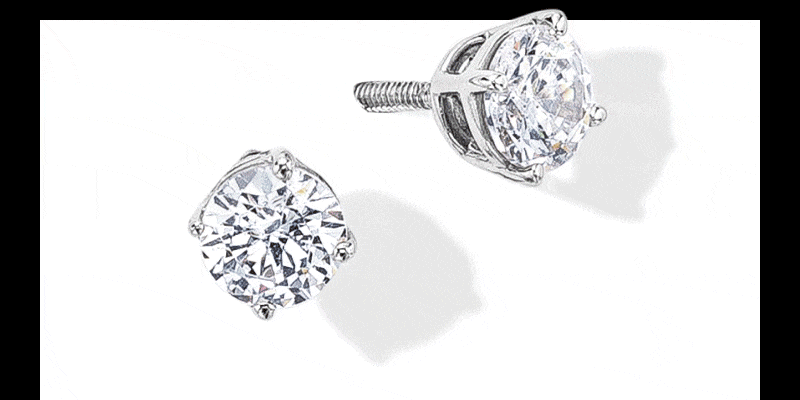 GIF showing tube hoop earrings, a diamond three-stone engagement ring, and diamond solitaire stud earrings.