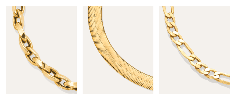 Showcase of gold chain necklaces in different styles.
