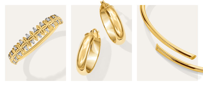 Showcase of rings, earrings and bracelets in gold.