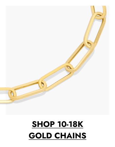 Closeup of a yellow gold paper clip necklace with click shop 10-18K gold chains.