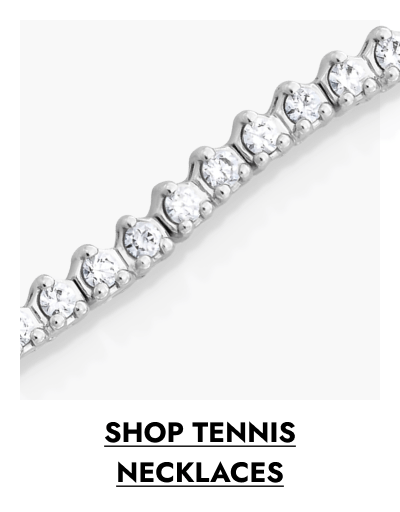 Closeup of white gold diamond tennis necklace with click shop tennis necklaces.