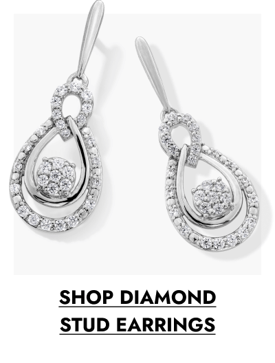Closeup of a pair of teardrop white gold diamond earrings with click shop diamond earrings.