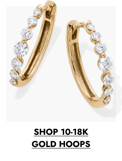 Closeup of a pair or yellow gold and diamond hoop earrings with click shop 10-18K gold hoops.