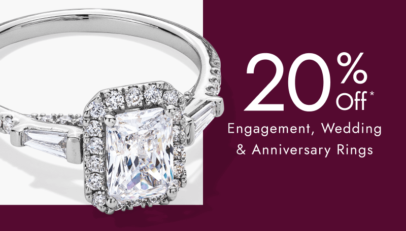 Radiant-cut diamond halo ring in white gold shown beside a 20% off offer on bridal jewellery. Click shop now.