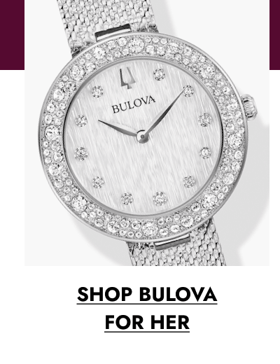 SampleSilver Bulova women’s watch with diamond accents and mesh bracelet. Click shop Bulova for her.