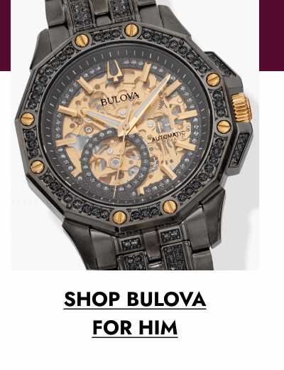 Black and gold Bulova men’s chronograph watch with skeleton dial. Click shop Bulova for him.