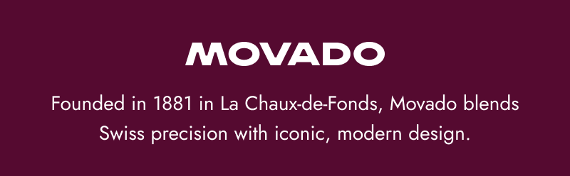 Movado banner highlighting the brand’s Swiss heritage and modern, iconic watch design.
