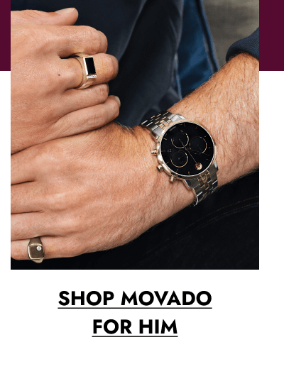 Man wearing a black Movado watch and rings. Click shop Movado for him.