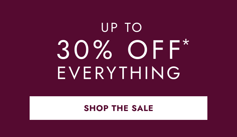 Dark red banner announcing up to 30% off everything. Click shop the sale.