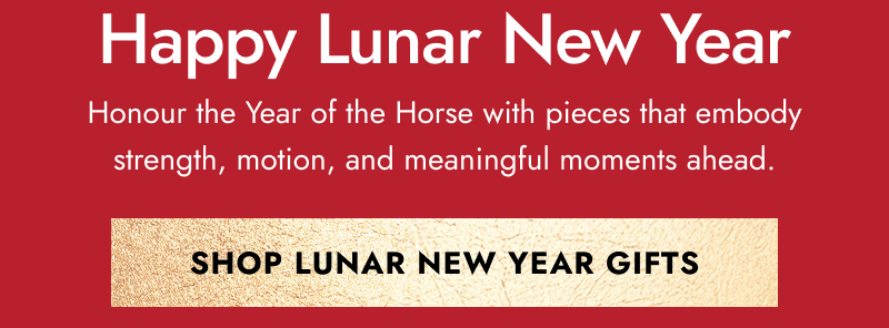 Red banner with text “Happy Lunar New Year”. Gold button to click shop Lunar New Year Gifts.