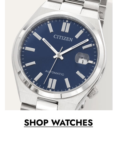 Silver men’s wristwatch with a blue dial and metal bracelet. Click to shop watches.