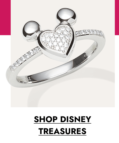 Silver Mickey Mouse–shaped  heart ring set with diamonds. Click to shop Disney Treasures.