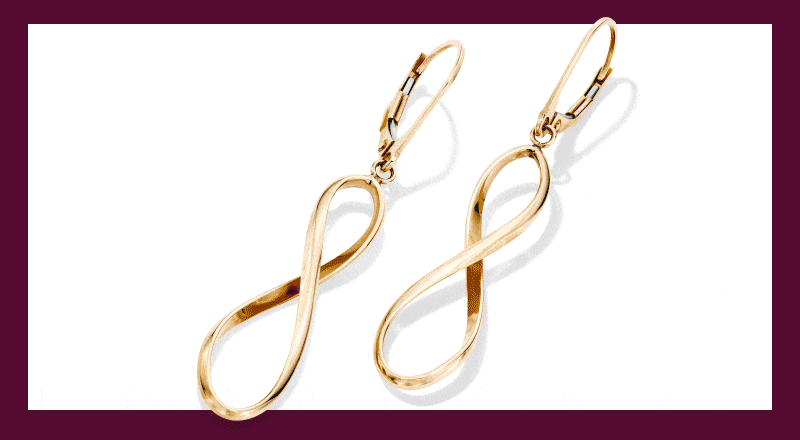 Rotating GIF, featuring various jewelry styles, including yellow gold infinity drop earrings.