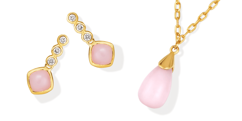 Yellow gold jewelry featuring pink gemstone earrings with matching necklace.  