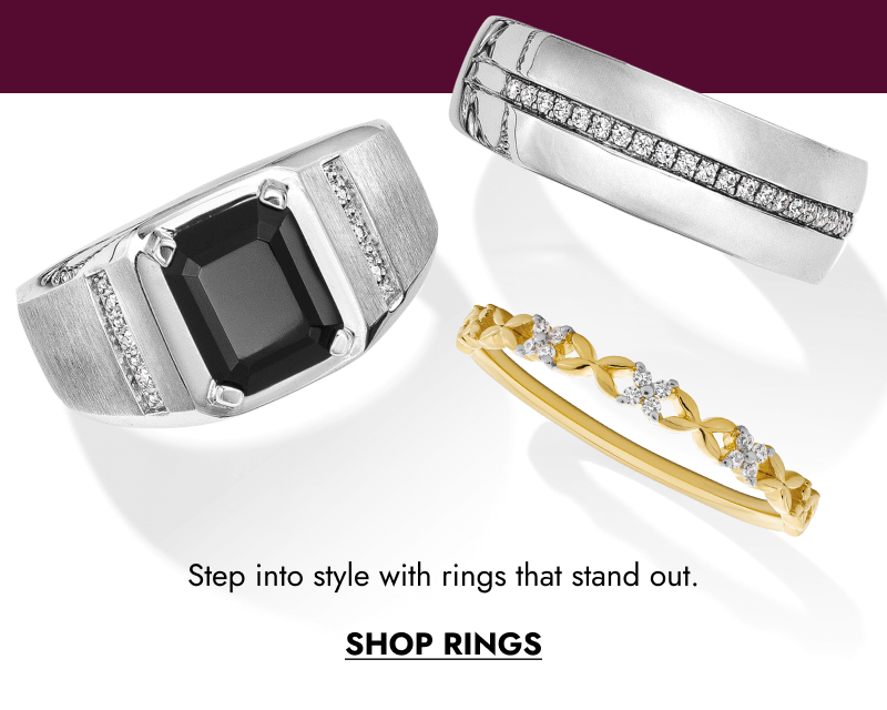 Silver black gemstone signet ring, silver diamond band, yellow gold diamond twist ring. click shop rings.