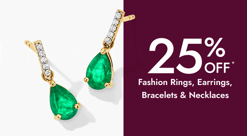 Animated GIF of emerald and diamond drop earrings. 25% Off fashion rings, earrings, bracelets and necklaces.