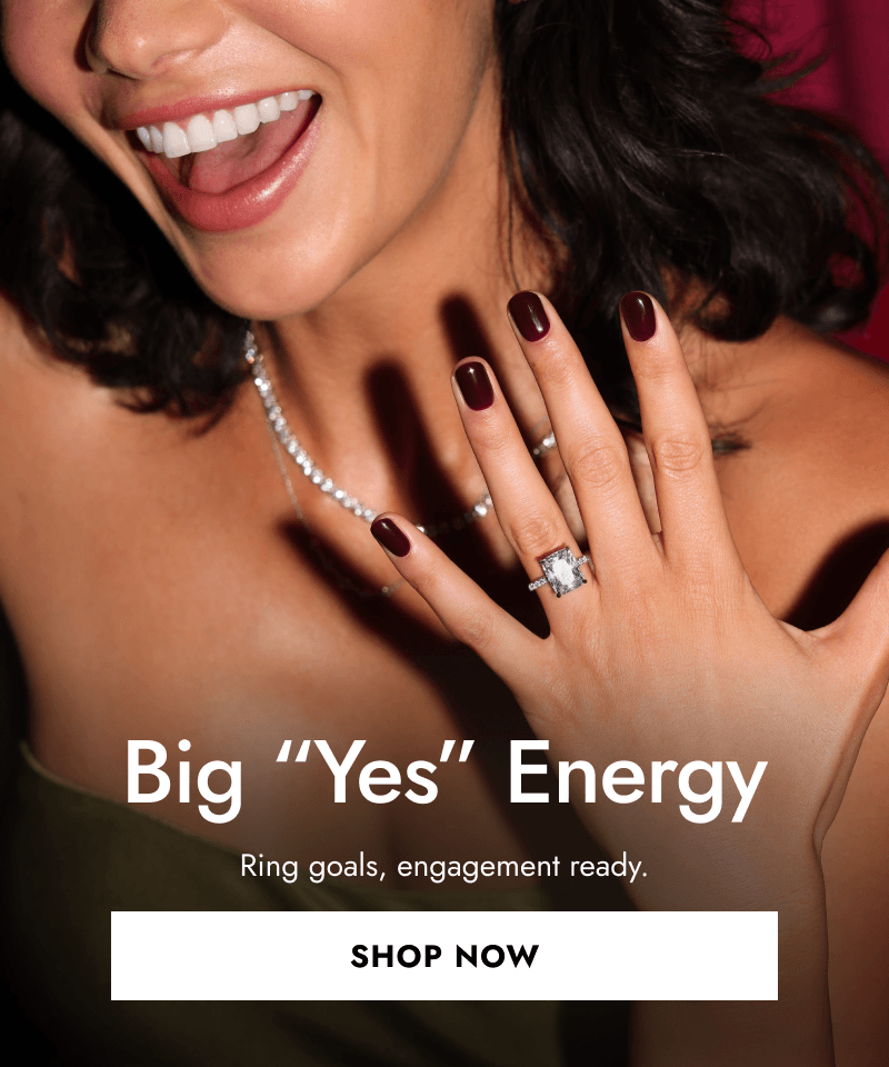 Excited woman showing engagement ring. Big “Yes” Energy. Ring goals, engagement ready. Click Shop Now.