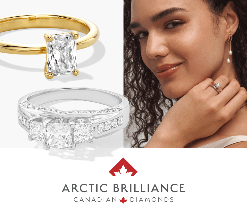 Woman wearing pearl drop earrings and diamond rings, alongside diamond rings. Arctic Brilliance logo.