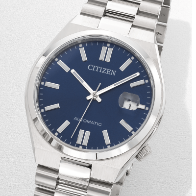 Silver Citizen watch with navy blue face.