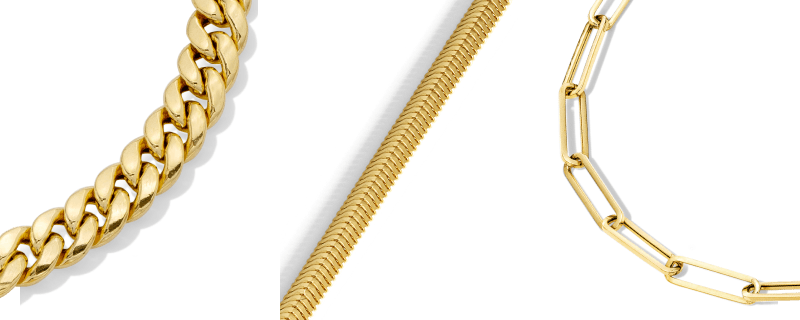 Yellow gold chains, featuring a Cuban link chain, paperclip chain and herringbone chain.