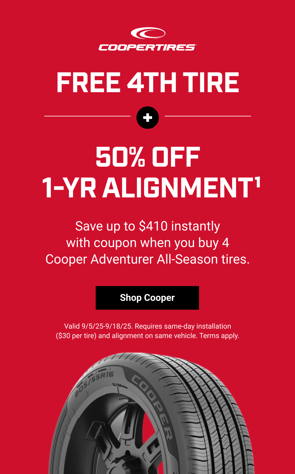 FREE 4TH TIRE + 50% OFF 1-YR ALIGNMENT(1)