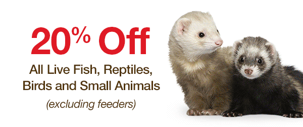 20% Off All Live Fish, Reptiles, Birds and Small Animals (excluding feeders)