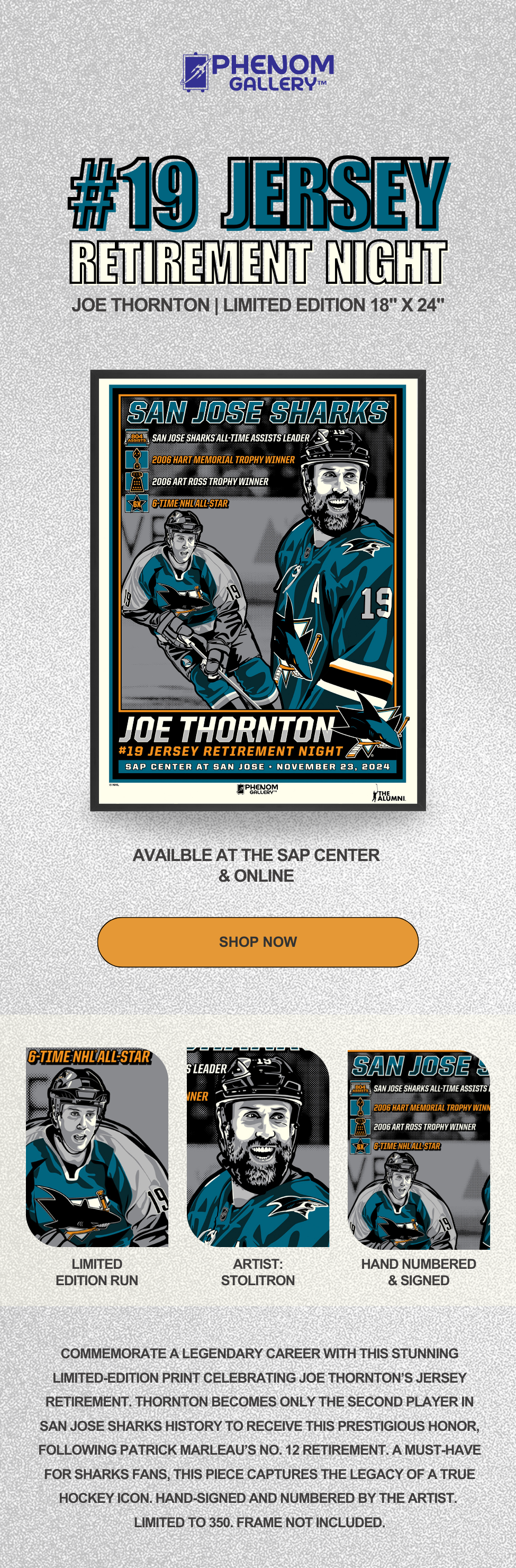 San Jose Sharks Joe Thornton Jersey retirement linking to website for purchase