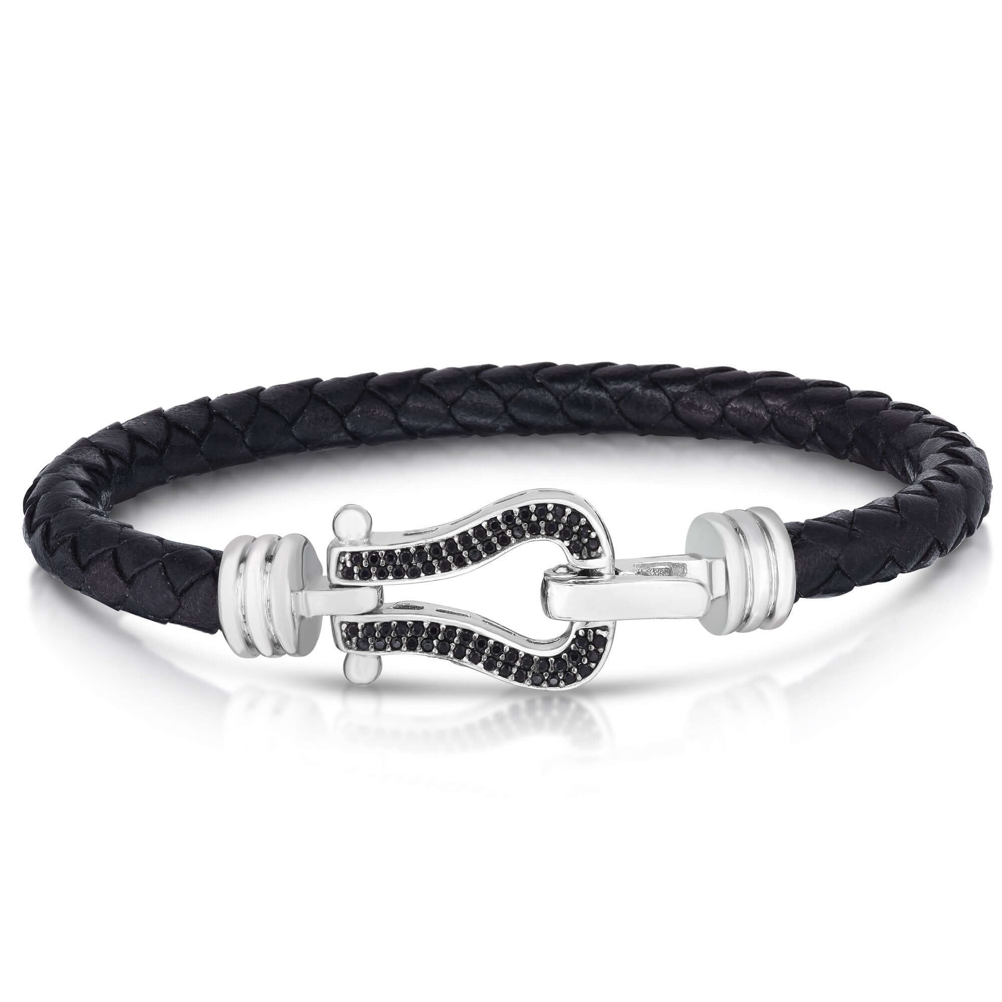 Image of Silver & Black Diamond Buckle Bracelet on Leather
