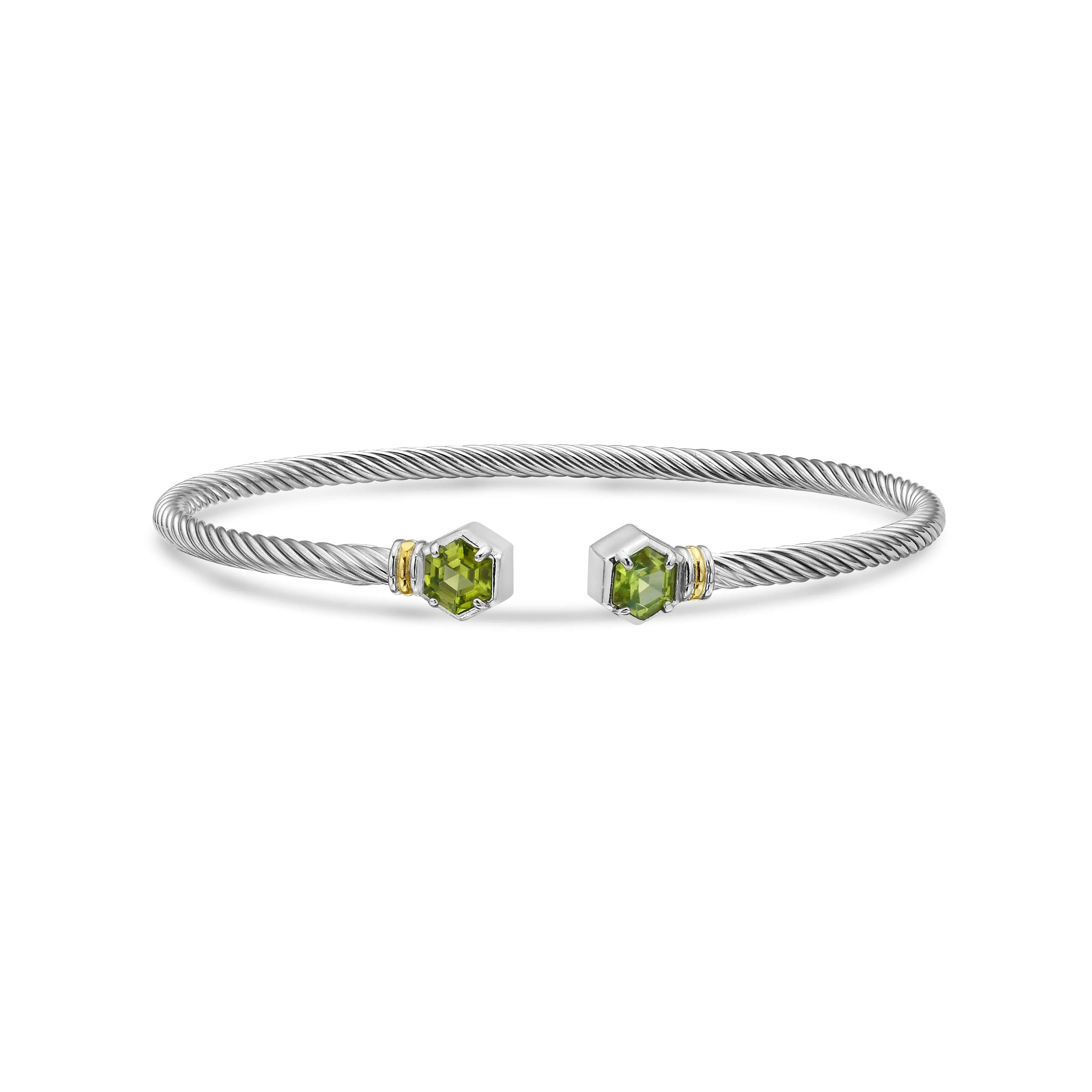 Image of Silver & 18K Hexagon Cable Peridot Bangle