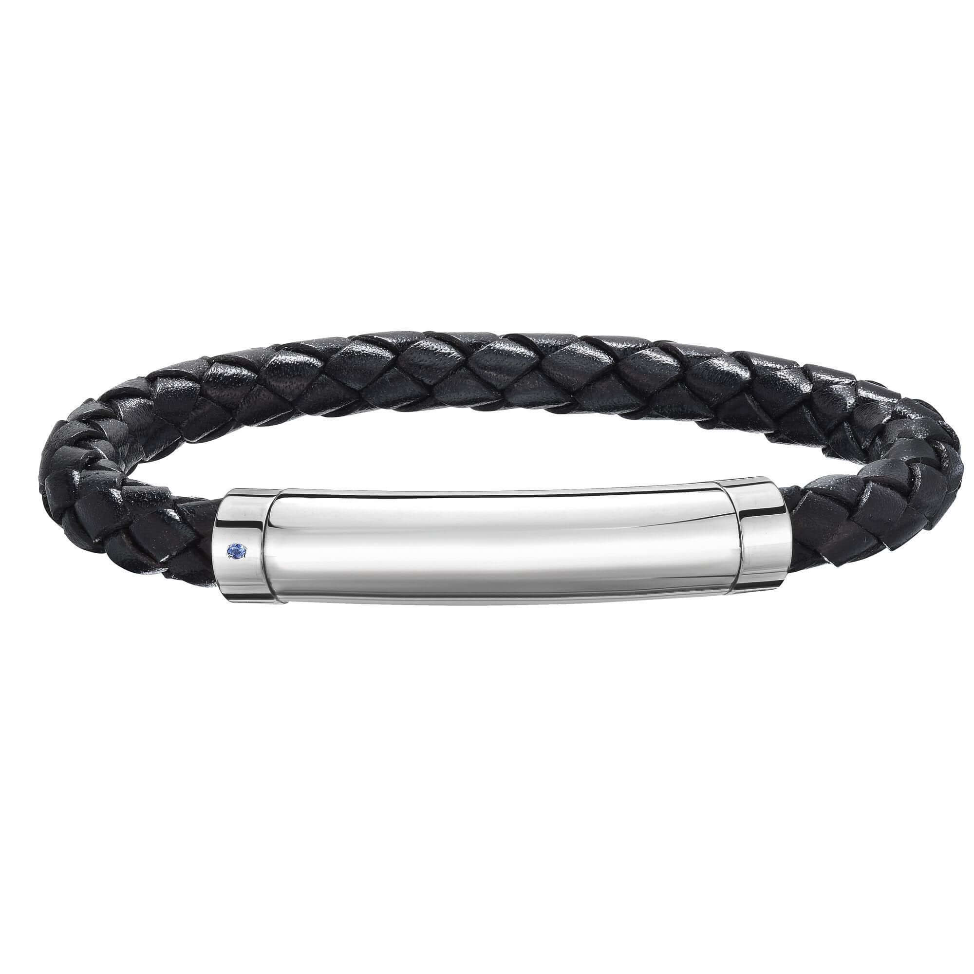 Image of Sterling Silver Men's Leather Bar Bracelet With Blue Sapphire