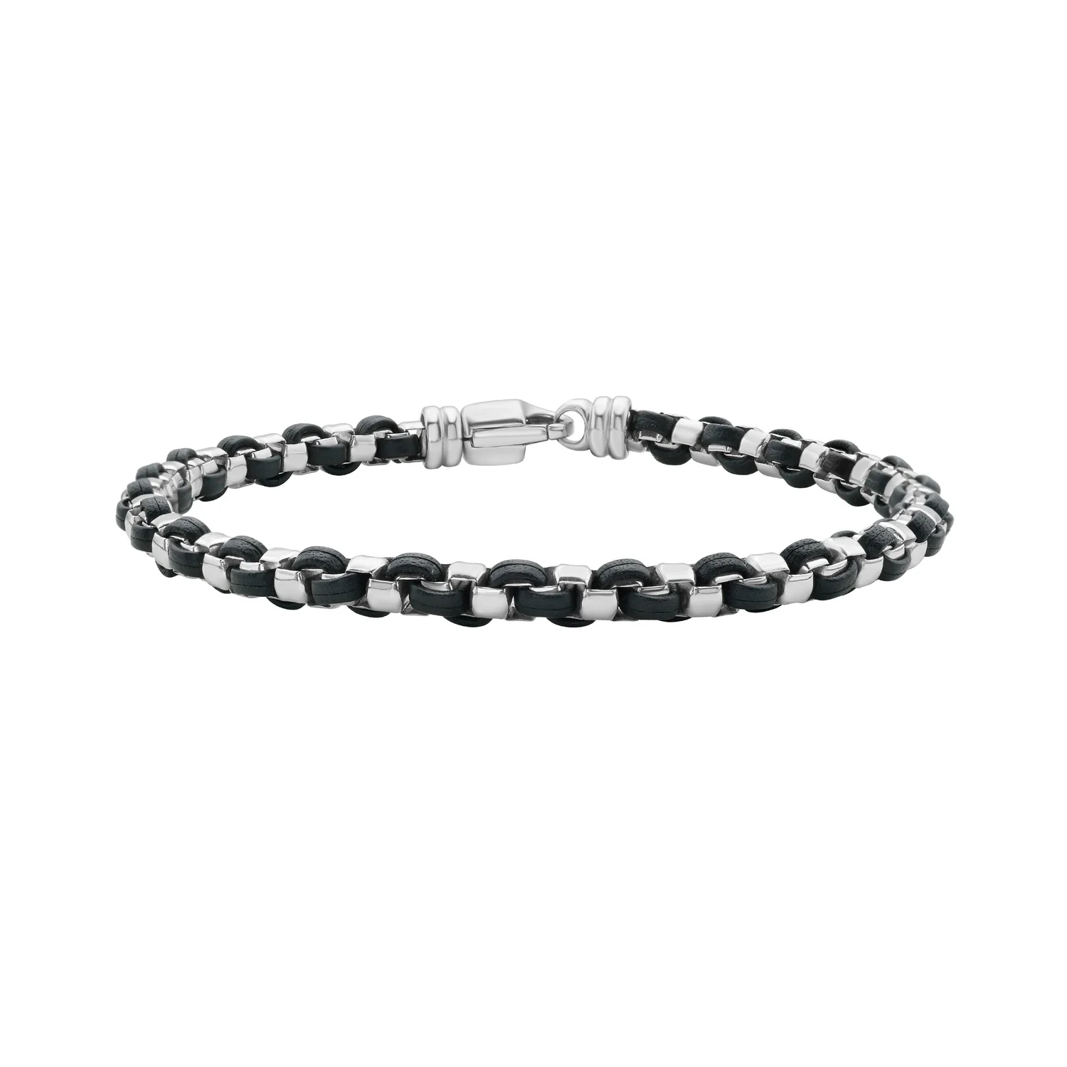 Image of Silver & Black Leather Men's Box Link Bracelet