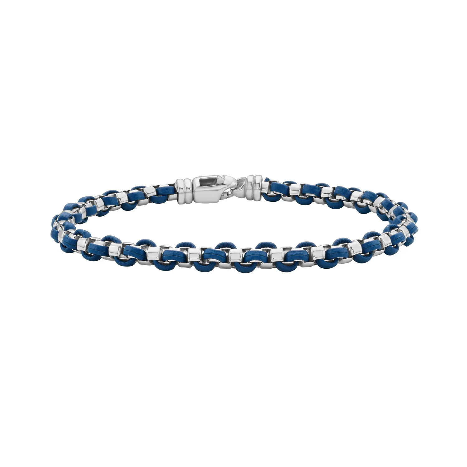 Image of Silver & Blue Leather Men's Box Link Bracelet