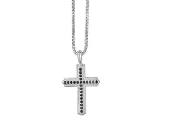 Silver Men's Mini Black Spinel Cross Necklace