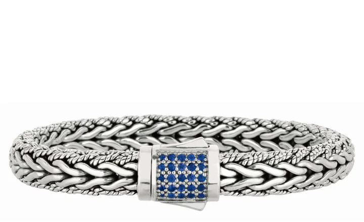 Silver Half Round 9 mm Woven Chain Sapphire Bracelet