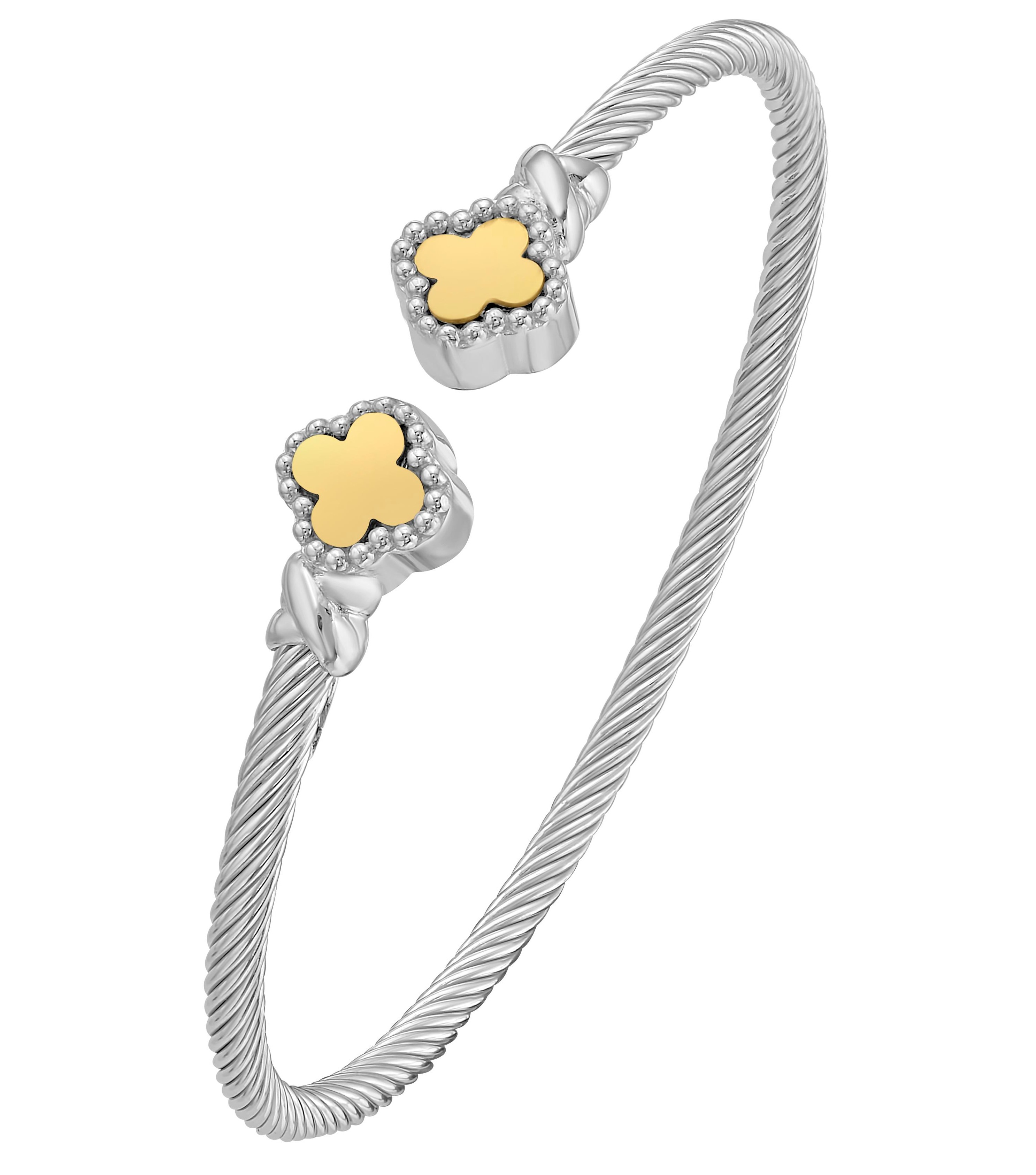 Silver & 18K Polished Clover Cuff Bangle