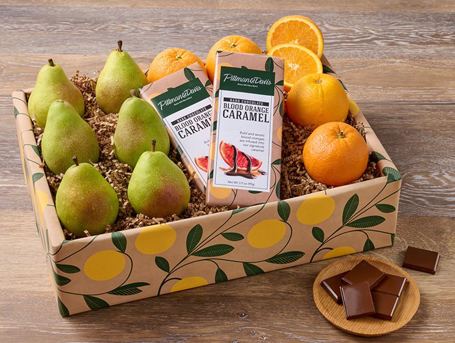 6 Comice, 6 Navels, Plus 2 Dark Chocolate Blood Orange Caramel Bars
