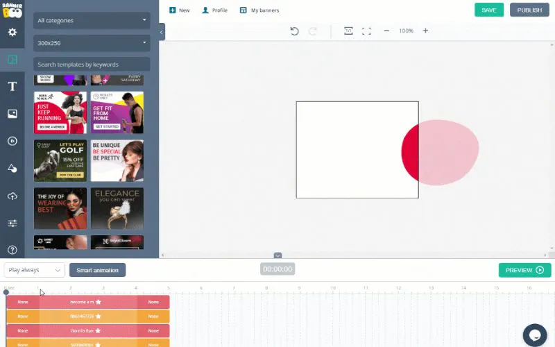 Preview of transition effects and pulsation along with the timeline