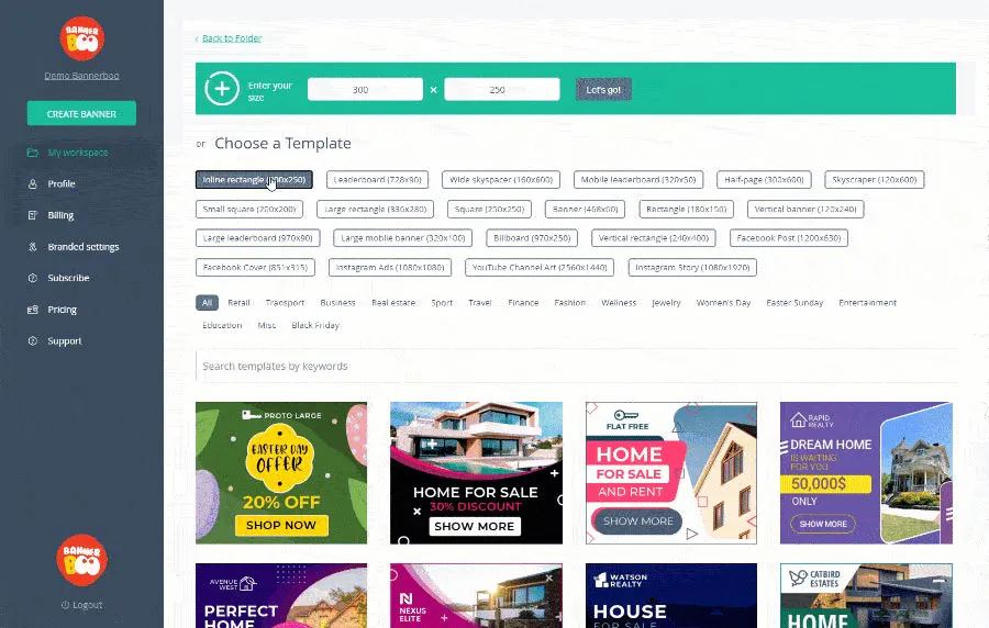 Preview of the Choose a template page of the banner boo tool