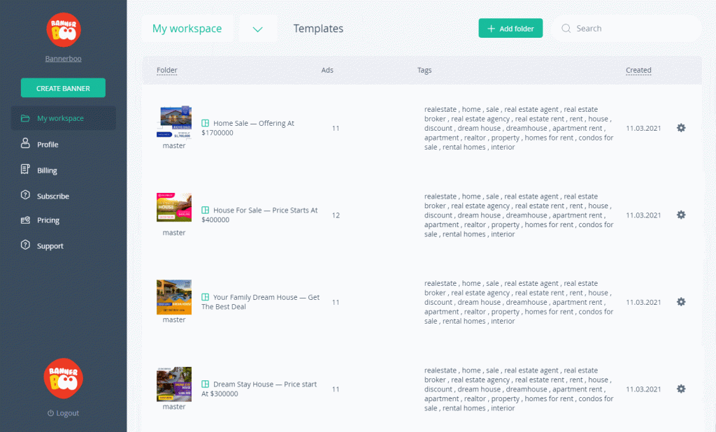 Preview image of the "My workspace" page showing the folders and individual branded workspaces