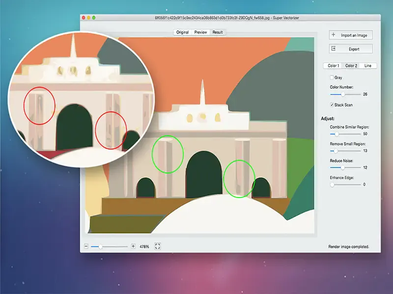 A preview of enhancement of a palace image using the Super Vectorizer.