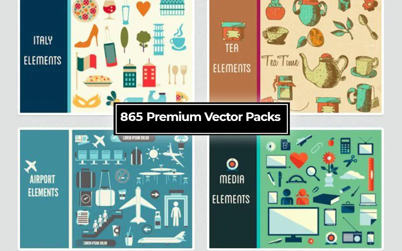 A collage of elements included in the 865 Premium Vector Packs.