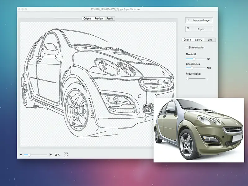 A preview of a car's Image vectorized using the Super Vectorizer.
